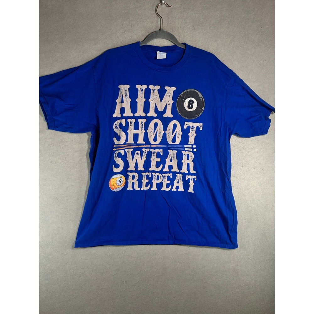Port & Company Mens 2XL Royal Blue Billiards Aim Shoot Swear Repeat Graphic Tee